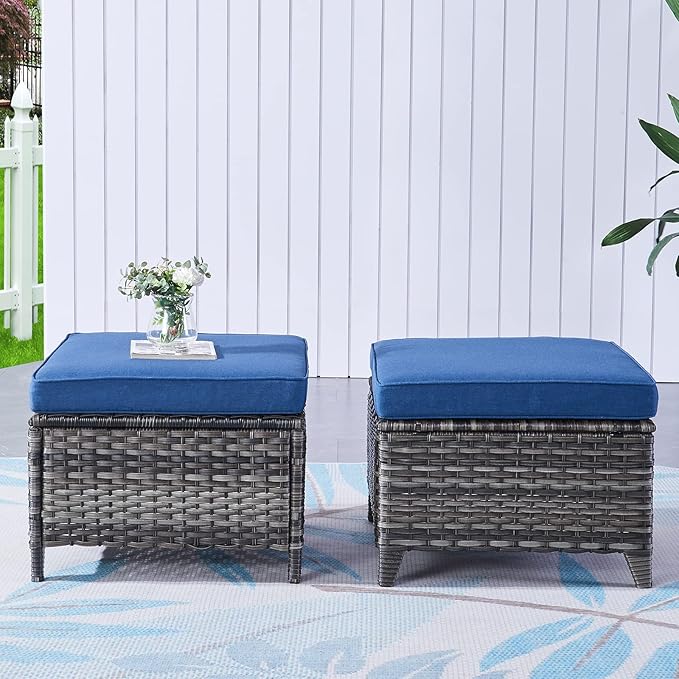 Rilyson Outdoor Ottoman Wicker Patio Ottomans - 2 Piece Footrest Footstools Set Rattan Outdoor Ottomans for Patio with Thick Cushions(Mixed Grey/Blue)