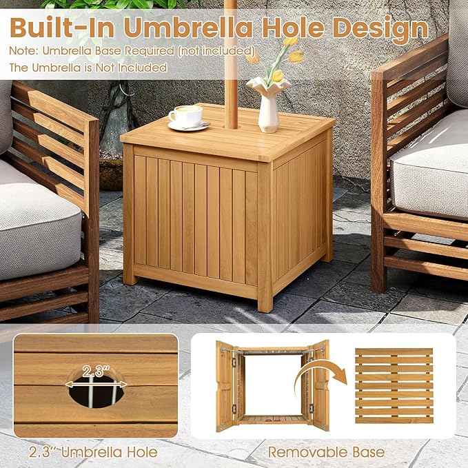Tangkula 2-in-1 Outdoor Side Table with Storage, Acacia Wood Slatted Coffee Table with Umbrella Hole & Removable Base, Square Slatted End Storage Box for Backyard, Poolside
