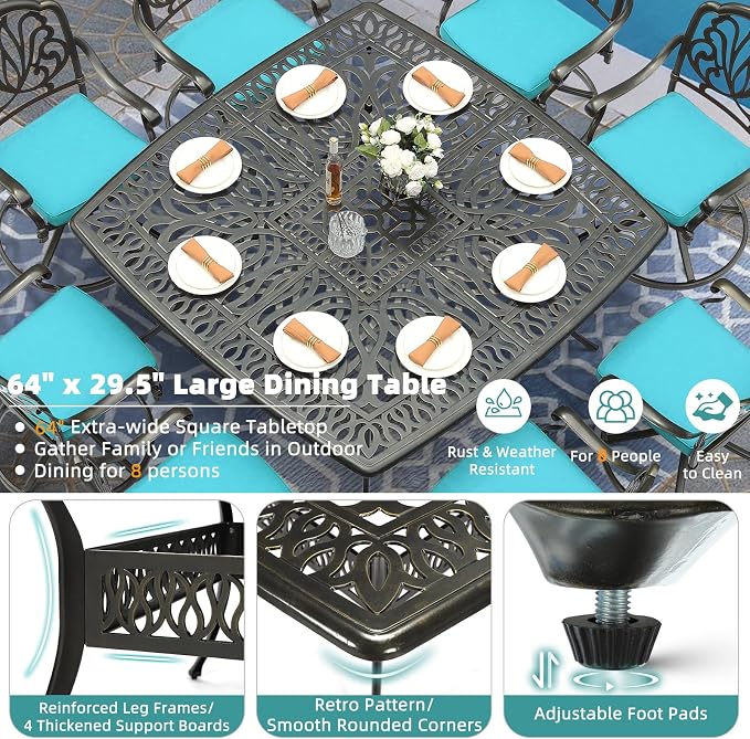 MEETWARM 9-Piece Outdoor Patio Dining Set for 8, All Weather Cast Aluminum Patio Funiture Table and Chairs Set- Large 64" Square Table, 8 Cushioned Swivel Rocker Chairs, 2.2" Umbrella Hole, Ocean Blue