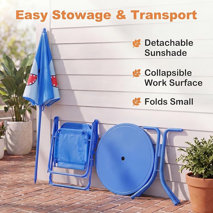 KOTEK Kids Picnic Table with Umbrella, Outdoor Table & 2 Folding Chairs, Cute Pattern Children’s Patio Furniture, Portable Kids Table and Chair Set for Backyard, Garden, Beach (Blue Shark)