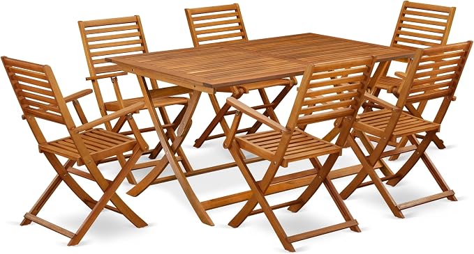 East West Furniture AEBS7CANA 7 Piece Patio Bistro Dining Furniture Set Consist of a Rectangle Outdoor Acacia Wood Table and 6 Folding Arm Chairs, 36x60 Inch, Natural Oil