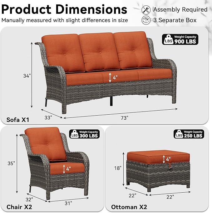 5 Piece Outdoor Wicker Patio Furniture Set, Patio Chairs Set with Thickened Olefin Cushions, High Back and Deep Seating, Hand-Woven PE Rattan, Ottoman for Porch, Deck