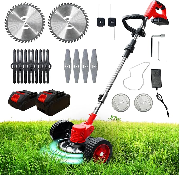 Syluris Electric Weed Wacker String Trimmer, Battery Powered Weed Eater with 4 Types of Blades and Upgraded Metal Lid, 2Pcs of Batteries & Wheels（Red）