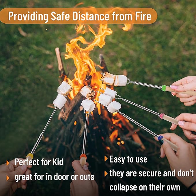 UNCO- Marshmallow Roasting Sticks, 32", 12 Pack, Extendable Stainless Steel Smores Sticks for Fire Pit, Smores Skewers, Campfire Cooking Equipment