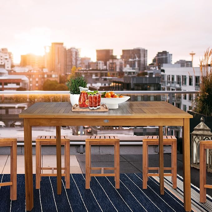 Teak Wood Bistro Rectangular Outdoor Patio Counter Height Dining Table - 71" x 35", Made from Solid A-Grade Teak Wood