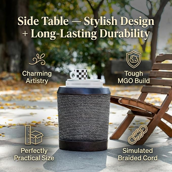 Retro Outdoor Side Table Round Concrete Side Tables with Simulated Braided Rope Finish, Cylindrical Patio End Table for Living Room Garden Balcony,Fully Assembled,Dark Brown