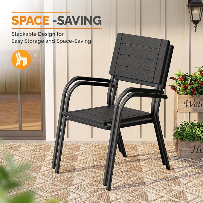 VINGLI Outdoor Patio Dining Chairs, Stackable HDPE All-Weather Arm Chairs, Weatherproof Outdoor Seating for Garden, Backyard, Poolside, Balcony,Black (2 Pack)