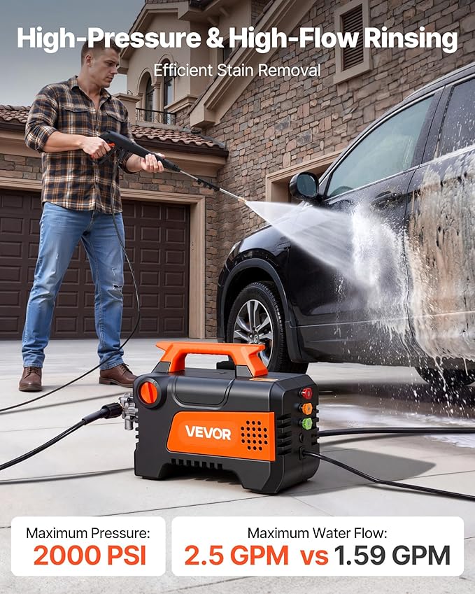 VEVOR Electric Pressure Washer, 1958 Max PSI 2.5 Max GPM, Portable Power Washer with 4 Nozzles, Metal Extension Wand, Commercial-Grade 5-Piston Plunger Pump, High Pressure for Cars,Driveways,Patios