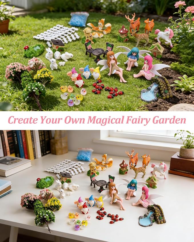 112PCS Fairy Garden Accessories Kit with 2 Gift Bags – Complete Miniature Fairy House & Accessories for DIY Indoor & Outdoor Terrarium, Planter & Garden Decor Gift