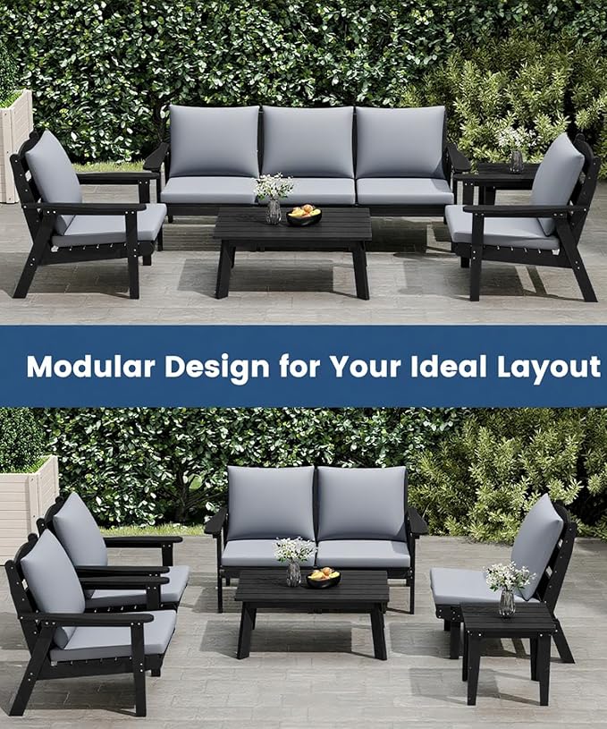 FOOWIN 4-Piece Patio Furniture Set, HDPE All-Weather Outdoor Conversation Set with Thick Cushions, Sectional Patio Sofa Furniture for Deck, Porch, Lawn, Garden, Black Frame & Grey Cushion