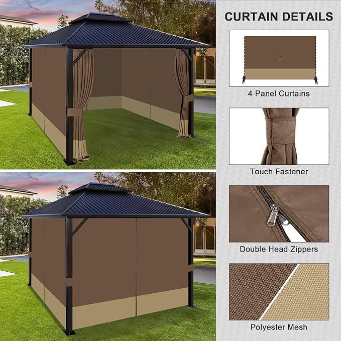 Aoodor 12x14 ft Outdoor Gazebo Curtains, 4 Panels Waterproof Privacy Sidewall Replacement with Zipper for Patio Pergola and Canopy, Brown and Khaki