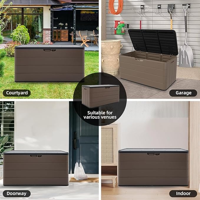 TARKARI 105 Gallon Pro Deck Box, Outdoor Storage Box Lockable for Patio Furniture, Garden Tools, Pool Accessories, UV-Resistant for All Weather Use, Brown