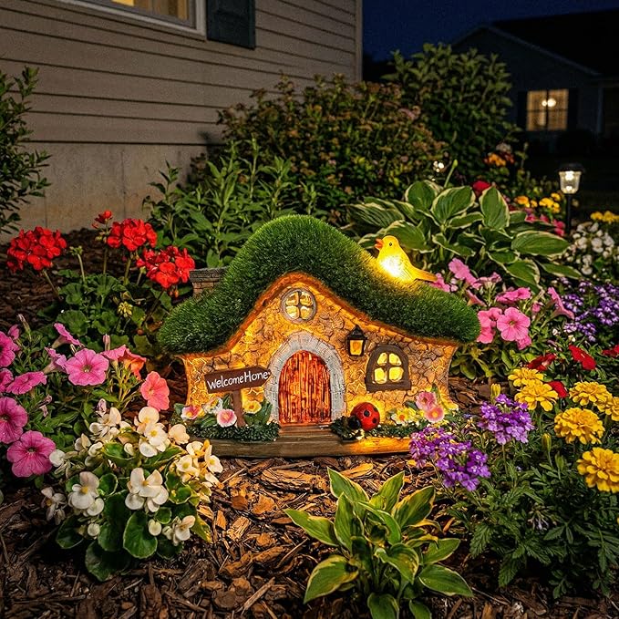 Resin Fairy House Statues with Solar Lights Outdoor for Garden Decor Funny Birds Ladybird Flocked Fairy House with Garden Figurine Patio Yard Lawn Decorations Gift for Mom Women (Green)