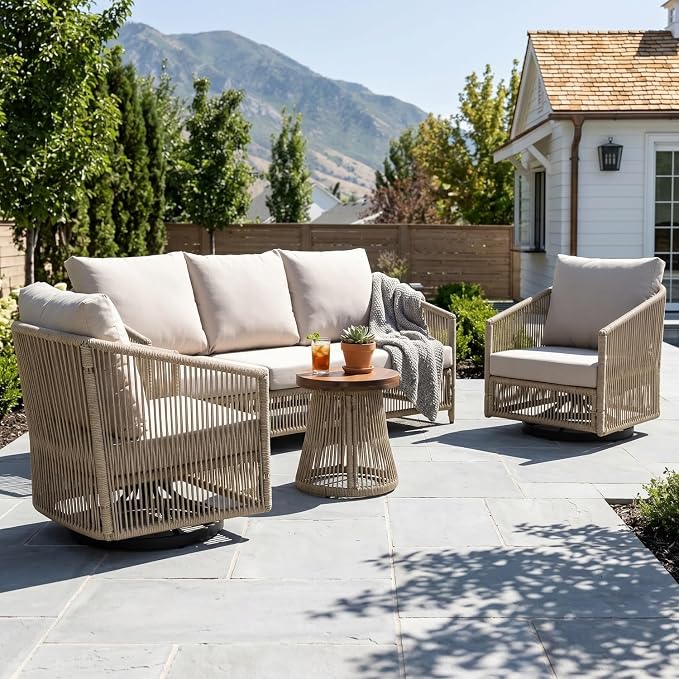 SUNSITT 4-Piece Wicker Patio Furniture Set, Outdoor Patio Conversation Set w/Swivel Chairs, Open Weave Wicker 3-Seater Couch Set w/Wood Top Side Coffee Table, Natural Color
