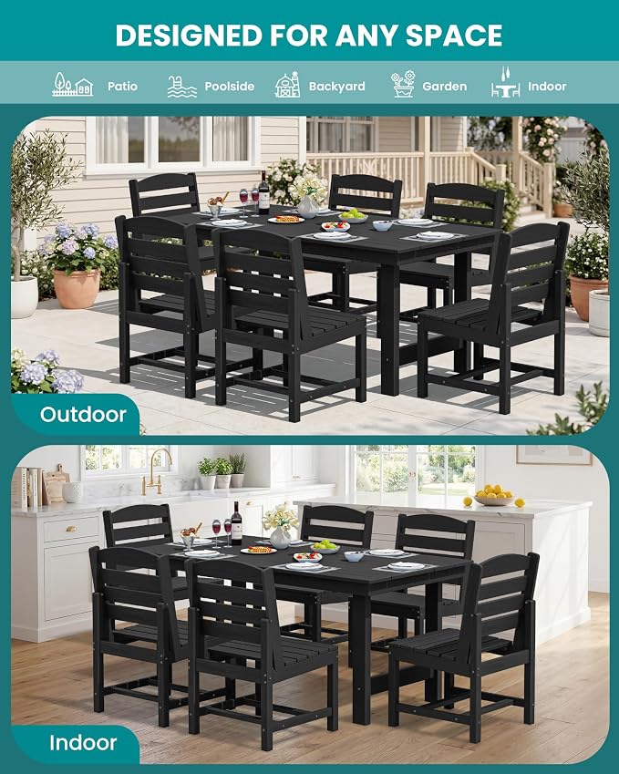SERWALL HDPE Outdoor Dining Set for 10 with 2 Tables & 10 Chairs, Black | 12-Piece HDPE Outdoor Dining Set for 10, All-Weather Resistant Dining Furniture