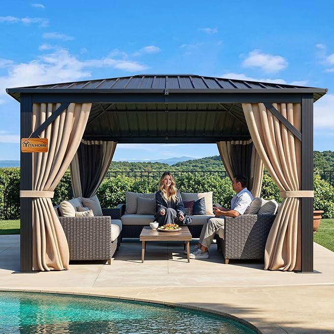 YITAHOME 10X12FT Hardtop Metal Gazebo Single Top Outdoor Patio Canopy Galvanized Iron Aluminum Column Garden Tent Curtains Netting for Backyards Decks Lawns,Brown