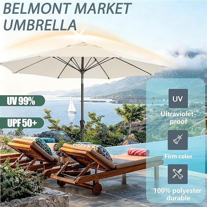 9FT Outdoor Patio Umbrella Outdoor pool Umbrella with Push Button Tilt and Crank, Market Umbrella 8 Sturdy Ribs UV Protection for Garden, Deck, Backyard (White)