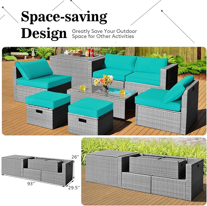 DORTALA 8 Pieces Patio Furniture Set, PE Rattan Sectional Sofa Set with Tempered Glass Table & Waterproof Cushions, Outdoor Wicker Conversation Set for Balcony, Poolside, Turquoise