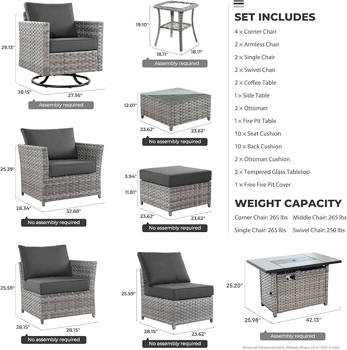 16 Pieces Patio Furniture Conversation Set with 42" Fire Pit Table Rocking Chair Outdoor Sectional Gray Wicker Sofa Set