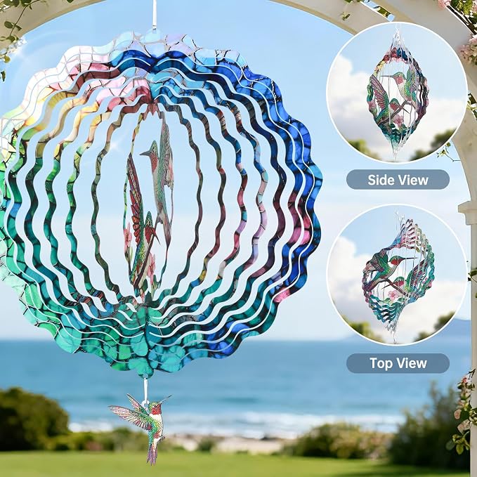 Hummingbird Wind Spinner, 12 Inch Stainless Steel Metal Wind Spinners, 3D Kinetic Hanging Sculpture, Indoor/Outdoor Garden Decor, Yard Art, Hummingbird Gifts for Women, Men, Mom, Dad, Grandma