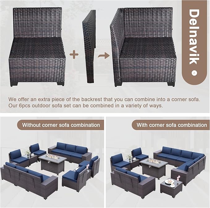 Patio Furniture Sectional Sofa Set 13PCS PE Rattan Patio Conversation Set w/43in Gas Fire Pit Table, Outdoor Furniture with 55000 BTU Propane Fire Pit, Navy Blue