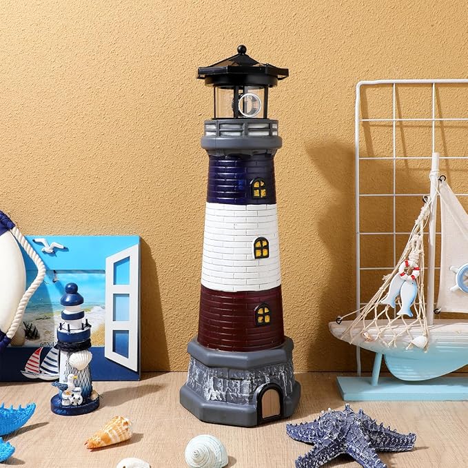 Solar Rotating Lighthouse Outdoor Lantern Garden Decor Resin Street Light - Black