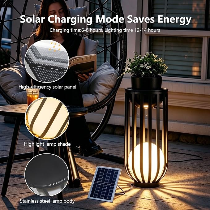 Solar Powered Patio End Table,LED Sphere Light, Remote & Detachable Solar Panel,All Weather Resistant Plant Stand for Backyard Outdoor Decor