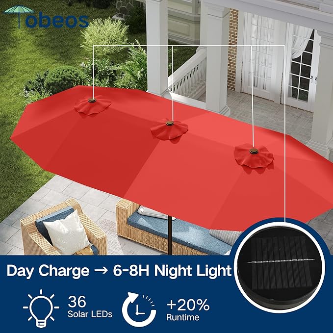 Large Patio Umbrella with Solar Lights and Base, Double-Sided Outdoor Rectangle Umbrella with 48 LED Lights, Market Table Umbrellas with UV Resistant Canopy