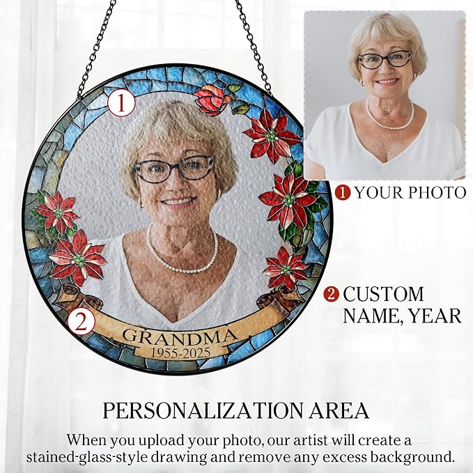 Personalized Memorial Photo Suncatcher – “Forever in Our Hearts” Christmas Ornament – in Loving Memory Gift for Mom or Grandma from Family – Custom Remembrance Window Keepsake