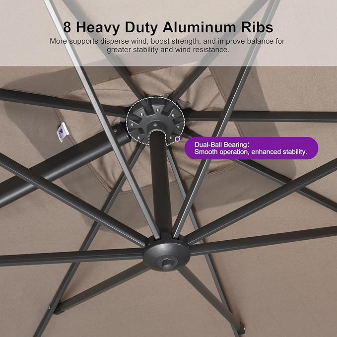 PURPLE LEAF Patio Umbrella 9' X 11.5' Cantilever Umbrella with Central Lights and Base Aluminum Outdoor Umbrellas with 360-degree Rotation & UPF40+ Fabric for Deck Pool Garden Yard, Ash Mocha