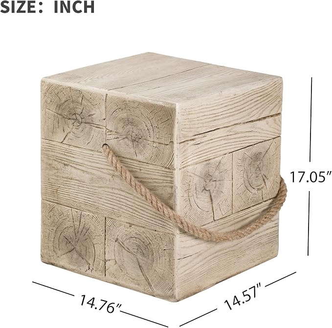 Outdoor Side Table Square Concrete Side Tables with Simulated Braided Rope,Distressed Wood Grain MGO Patio End Table for Living Room Garden Balcony,Fully Assembled