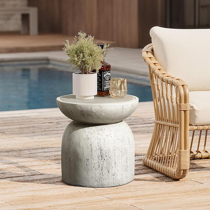 LuxenHome 16" Outdoor Side Table, MgO Rustic End Tables for Patio,Off White and Gray Weathered Round Table, Small Accent Table for Indoor Outdoor Use, Decorative Garden Stool