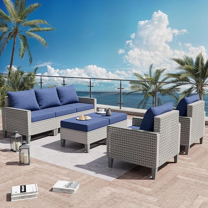 7 Pieces Patio Furniture Set with Ottomans, Modern Outdoor Sectional Sofa with Comfy Cushions, Modular Wicker Rattan Patio Conversation Set for Garden Poolside Deck, Navy