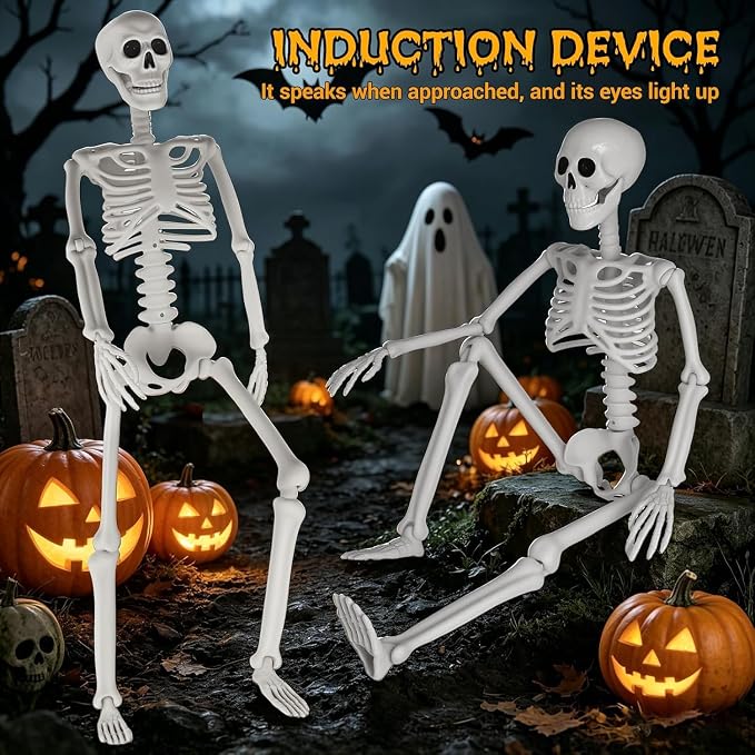 HBSTK 2 Pack 36 Inches Motion&Sound Activated Moving Jaw&Speaking&Glowing Eyes Pose-N-Stay Halloween Skeleton Life Size Full Body Posable Movable Jonints Halloween Decoration Décor
