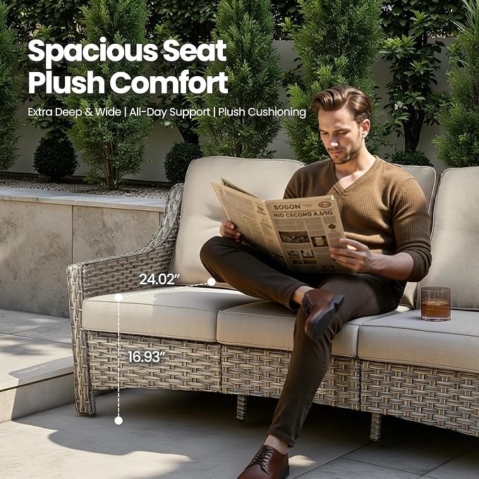 4 Piece Outdoor Patio Furniture Set, All Weather Waterproof Wicker High Back Conversation Set, Two Single Chairs, Solar Light Coffee Table, Outside Furniture for Porch Balcony, Beige