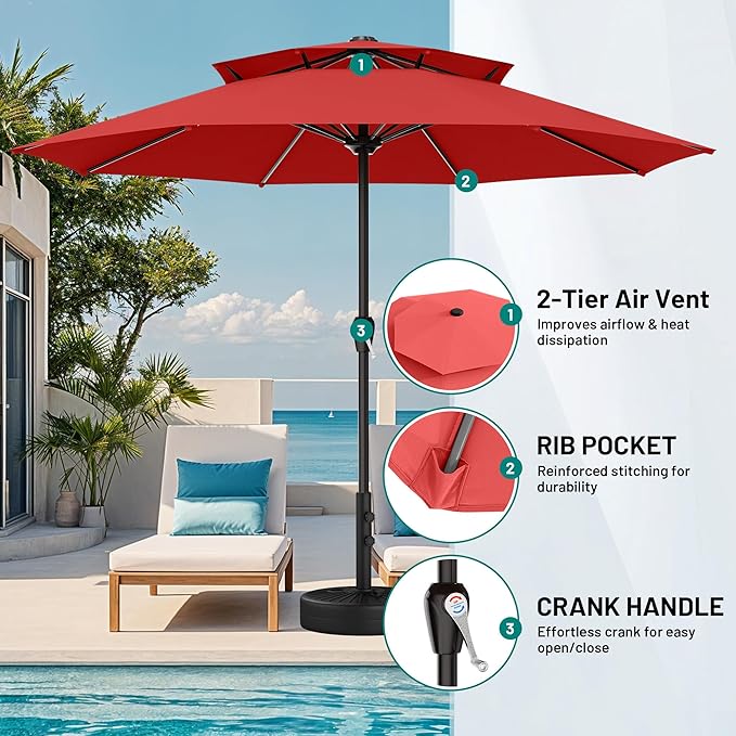AreShark 12ft 2 Tiers Patio Umbrella - Outdoor Umbrella Waterproof UV Protection, Market Table Umbrella w/ 8 Sturdy Ribs&Crank for Pool, Porch, Garden(Red)
