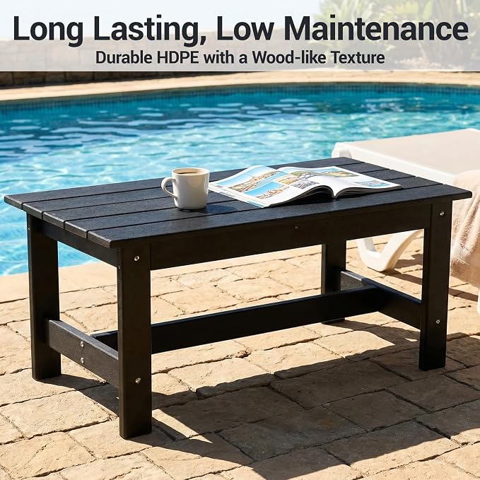 HDPE Outdoor Coffee Table, Rectangle Patio Coffee Table, All-Weather Side Table for Balcony, Poolside, Deck, Garden, Black, 37.7''L x 20.8''D x 17.7''H
