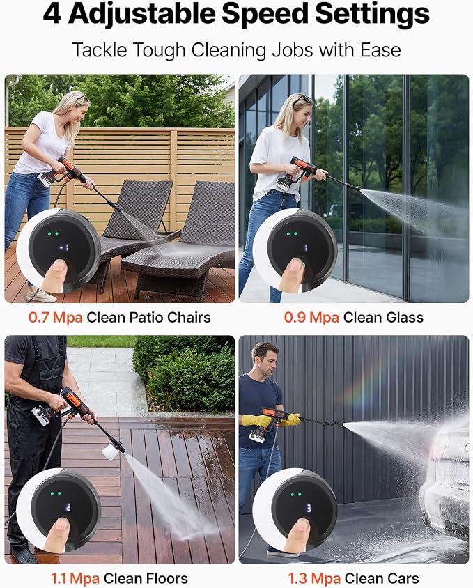 VEVOR Cordless Pressure Washer, 1200PSI MAX Portable Pressure Washer with Brushless Motor, 6-in-1 Nozzle & Water Hose, 4 Speed Adjustable, Battery Powered Handheld Power Cleaner for Home Garden Patio