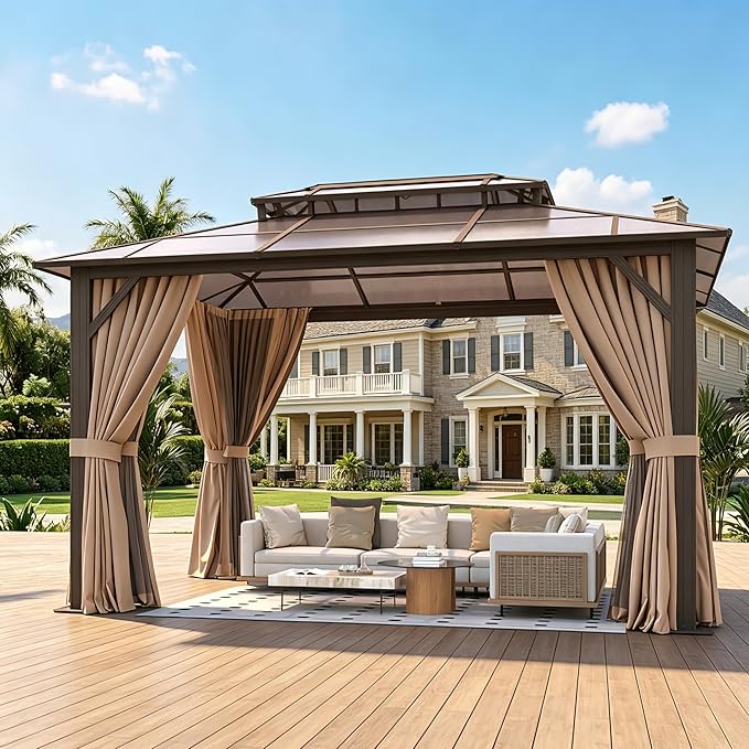 10’x14’ Hardtop Gazebo with Double Polycarbonate Roof Outdoor Metal Gazebo Sturdy Aluminum Frame & Removable Curtains, Netting Permanent Pavilion Pergola for Garden,Patio,Lawn (Brown)
