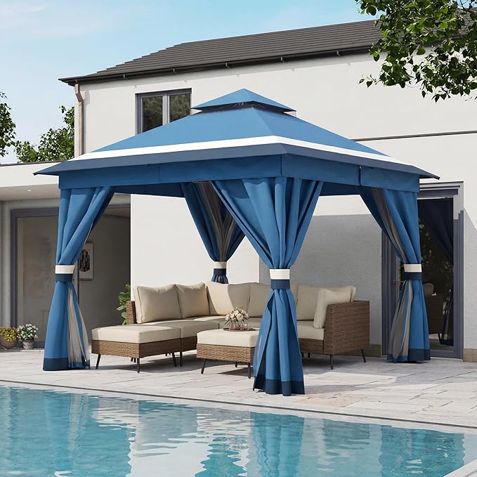 LAUSAINT HOME 10'x10' Outdoor Gazebo, Metal Frame Heavy Duty Patio Canopy Tent Shelter with Double Roofs, Mosquito Nettings and Privacy Screens for Backyard, Garden, Lawn, Steel Blue