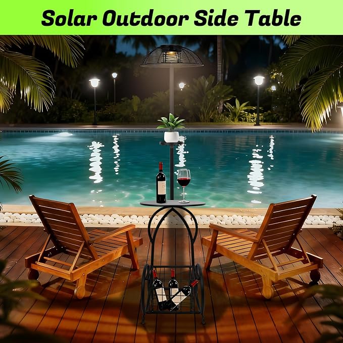 Solar Outdoor Coffee Table with Light, 52.5'' Black Metal Patio Coffee Table, Waterproof IP65 Solar Side Table with Auto Lighting & USB Charging, Outdoor Plant Stand for Patio Porch Backyard Poolside