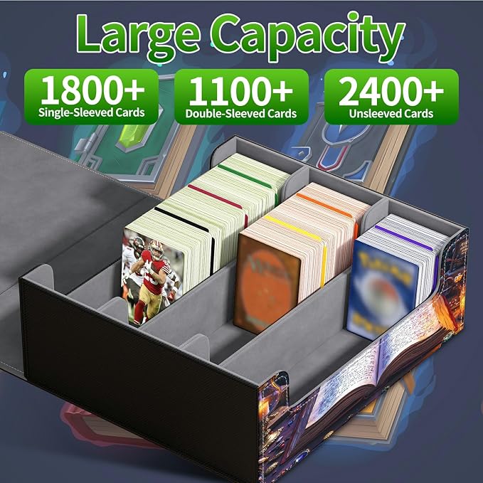 Large Card Deck Box for MTG, Fits 1200+ Sleeved Cards, PU Leather Storage Case with Strong Magnetic Closure, Multiple Colors for TCG CCG Baseball Card Collections, Castle Book Purple