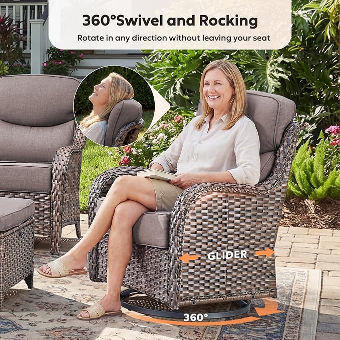 Rilyson Wicker Outdoor Patio Furniture Set - Weather Resistant Wicker,High Back,6 inch Cushions,3 Piece Patio Bistro Set with Swivel Rocker Chairs and Side Table for Deck Porch Yard,Brown/Grey