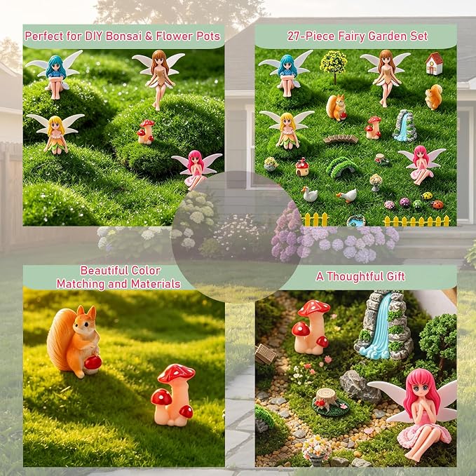 Miniature Fairy Garden Kit 27Pcs Cute Mushroom Figurines & Plants Set Fairy Garden Accessories Tiny Furniture Decor for Terrarium Potted Plant Ornament for Home Desk