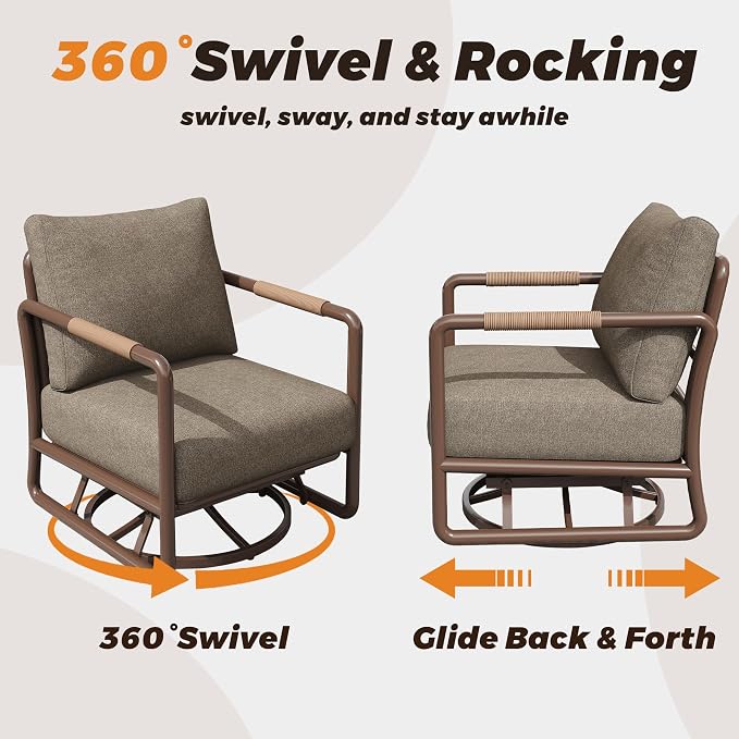 5-Pieces Round Aluminum Patio Furniture Set, Outdoor Swivel Rocking Chairs with 6.5" Thick Cushions & 2 Ottomans, All-Weather Rust-Resistant Frame Conversation Set for Porch, Garden, Backyard, Brown
