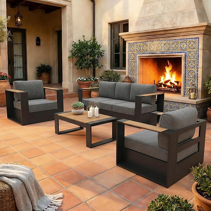 LayinSun 4 Pieces Aluminum Patio Furniture Set with Coffee Table, Oversized Outdoor Conversation Set 5 Seats with 6" Thick Cushions for Outside Porch, Balcony, Deck