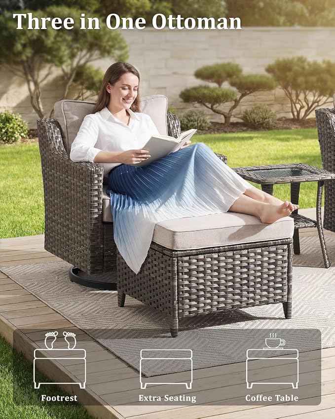 Outdoor Furniture Set of 3, Patio Chairs with Luxury 4" Cushion, Wicker Swivel Rocker Patio Chairs, and Side Table, High Back&Deep Seat for Garden Deck Porch Balcony Backyard - Beige