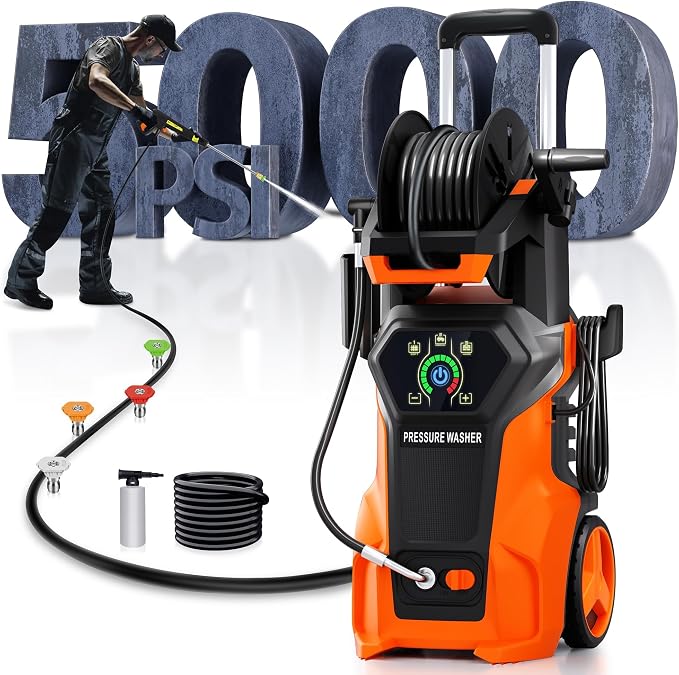 Fenbeli 𝟓𝟎𝟎𝟎𝐏𝐒𝐈 𝐏𝐫𝐞𝐬𝐬𝐮𝐫𝐞 𝐖𝐚𝐬𝐡𝐞𝐫 Portable Washer Cleaner with 4 Quick Connect Nozzles for Car Driveway Patio Fence (Orange)