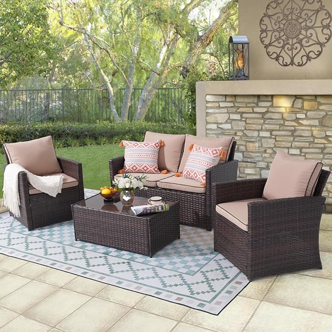 JOIVI Patio Furniture Set, 4 Piece Outdoor Patio Conversation Set, All-Weather PE Rattan Wicker Sectional Patio Sofa Set with Tempered Glass Coffee Table, Brown