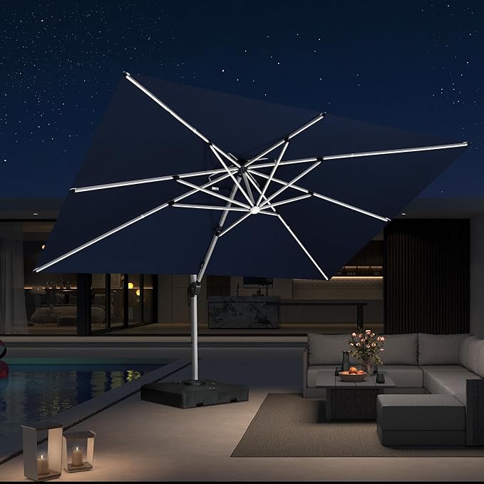 PURPLE LEAF 10' X 13' Solar Powered LED Patio Large Umbrella Offset Double Top Hanging Umbrella Outdoor Market Umbrella for Garden, Spectrum Indigo